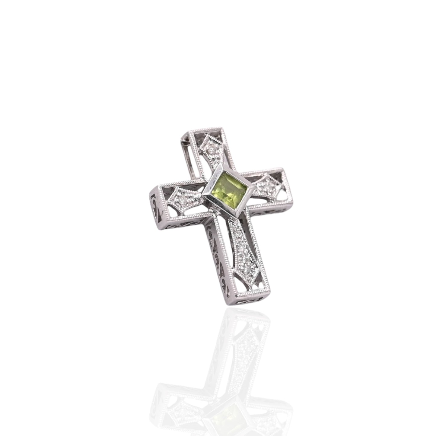 Ornate Peridot and Diamond Cross Slider Pendant 14K White Gold