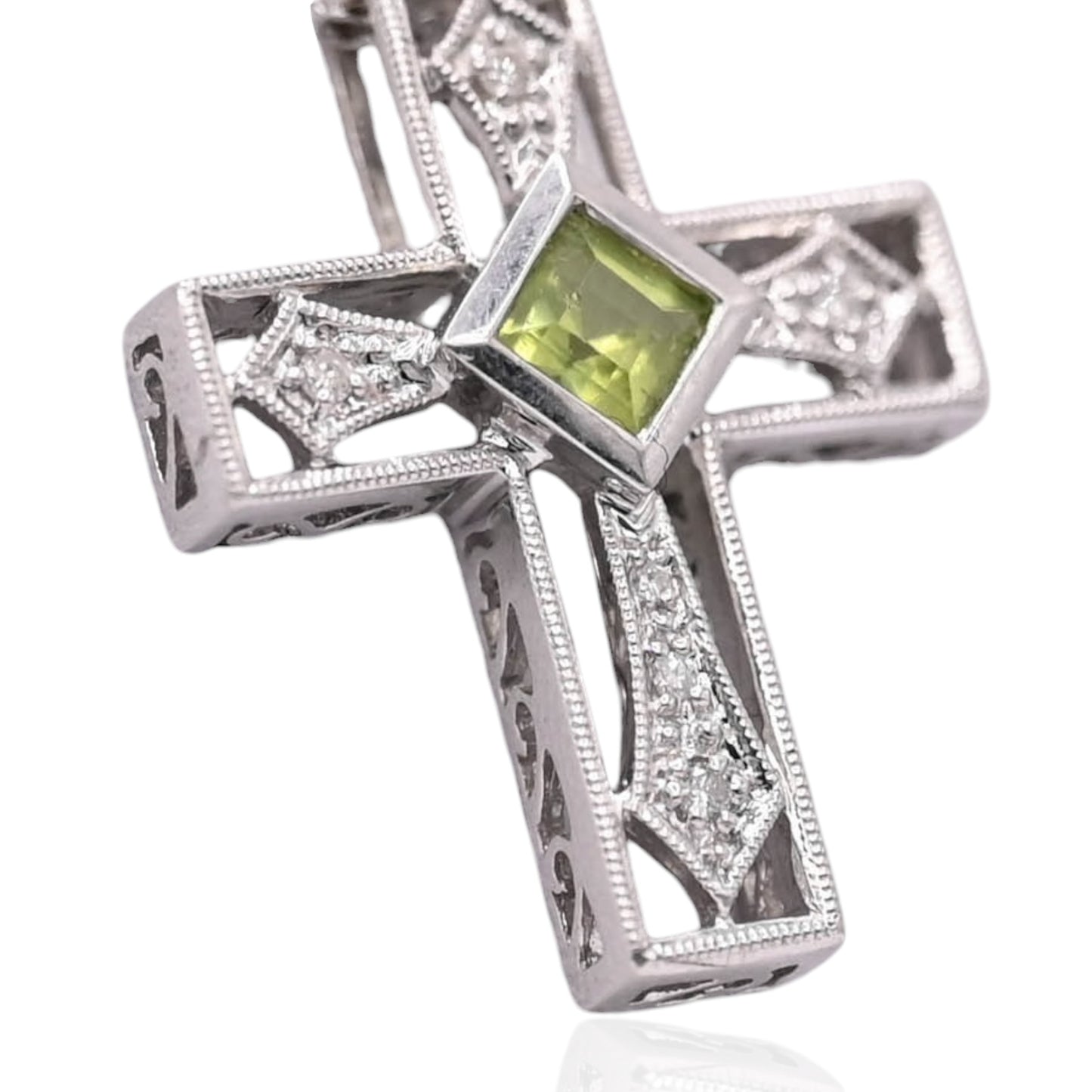 Ornate Peridot and Diamond Cross Slider Pendant 14K White Gold