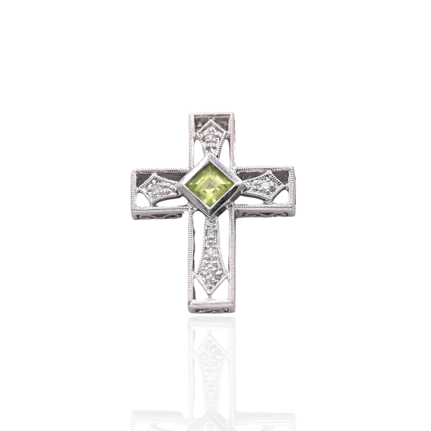 Ornate Peridot and Diamond Cross Slider Pendant 14K White Gold