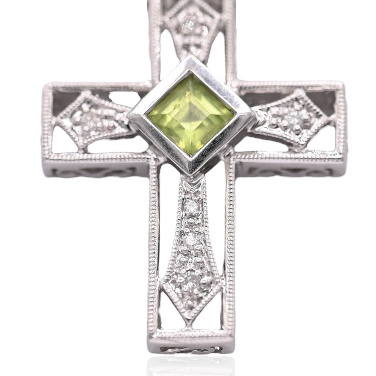 Ornate Peridot and Diamond Cross Slider Pendant 14K White Gold