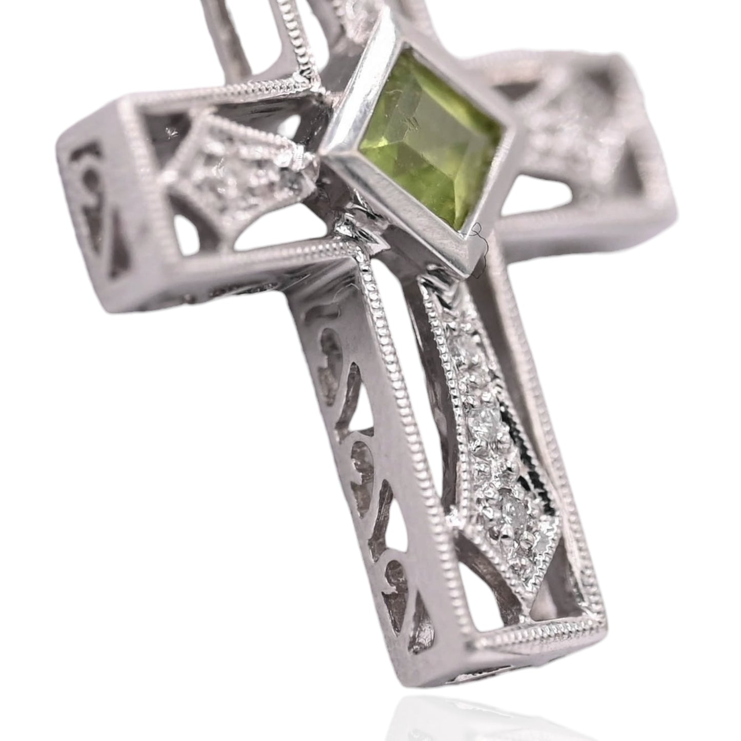 Ornate Peridot and Diamond Cross Slider Pendant 14K White Gold