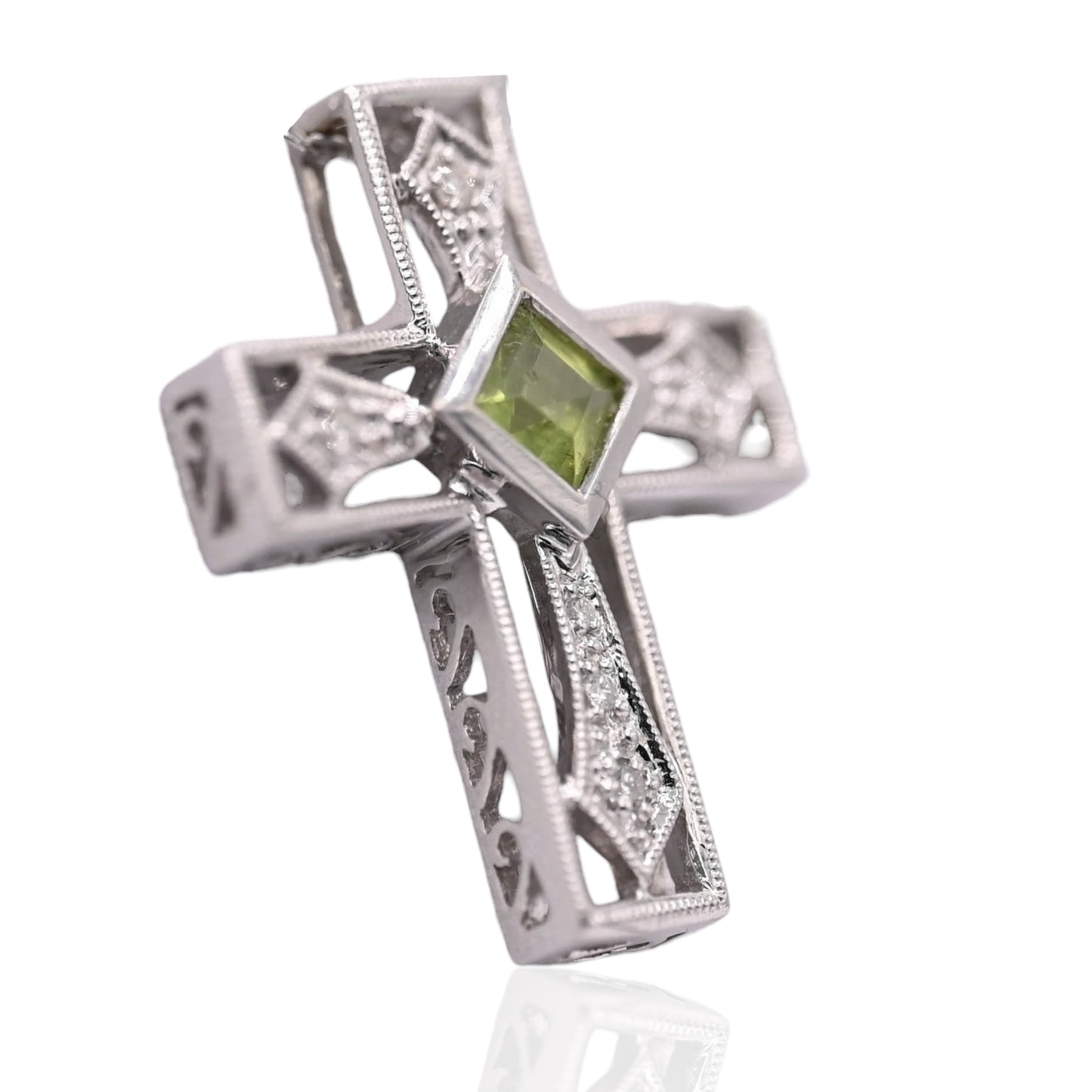Ornate Peridot and Diamond Cross Slider Pendant 14K White Gold