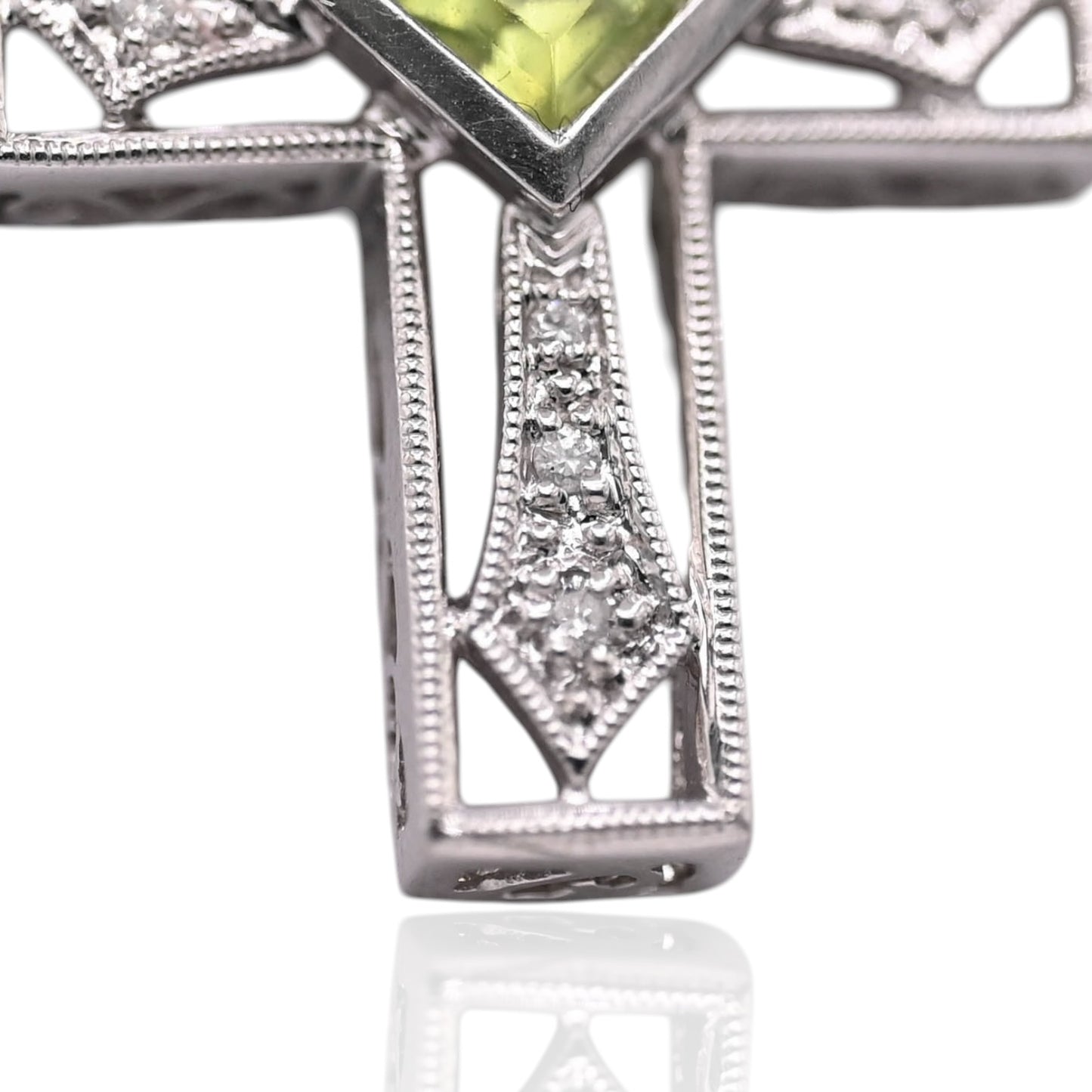 Ornate Peridot and Diamond Cross Slider Pendant 14K White Gold