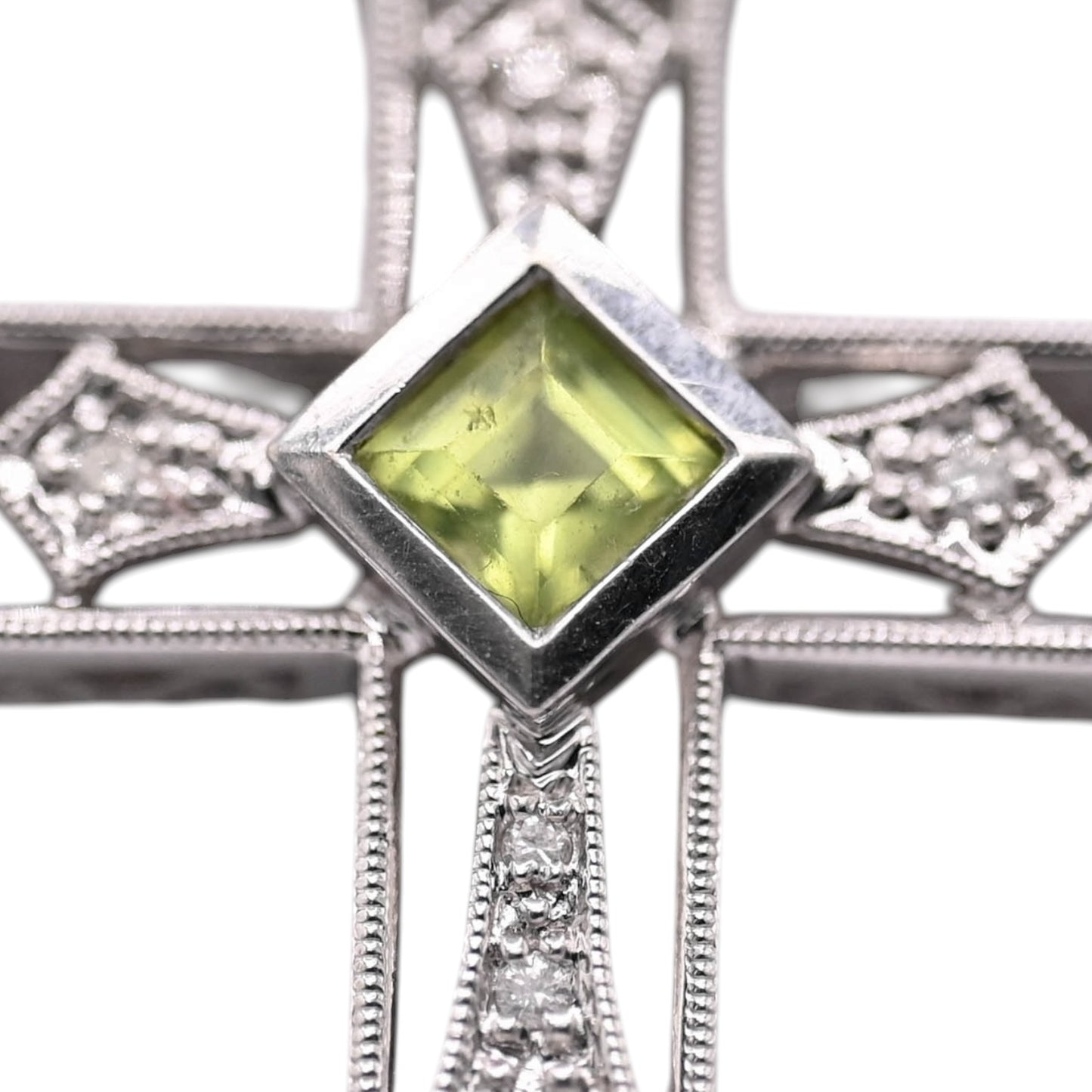 Ornate Peridot and Diamond Cross Slider Pendant 14K White Gold