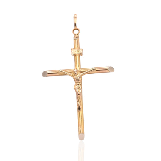 Large Tube Crucifix Pendant 14K Yellow Gold