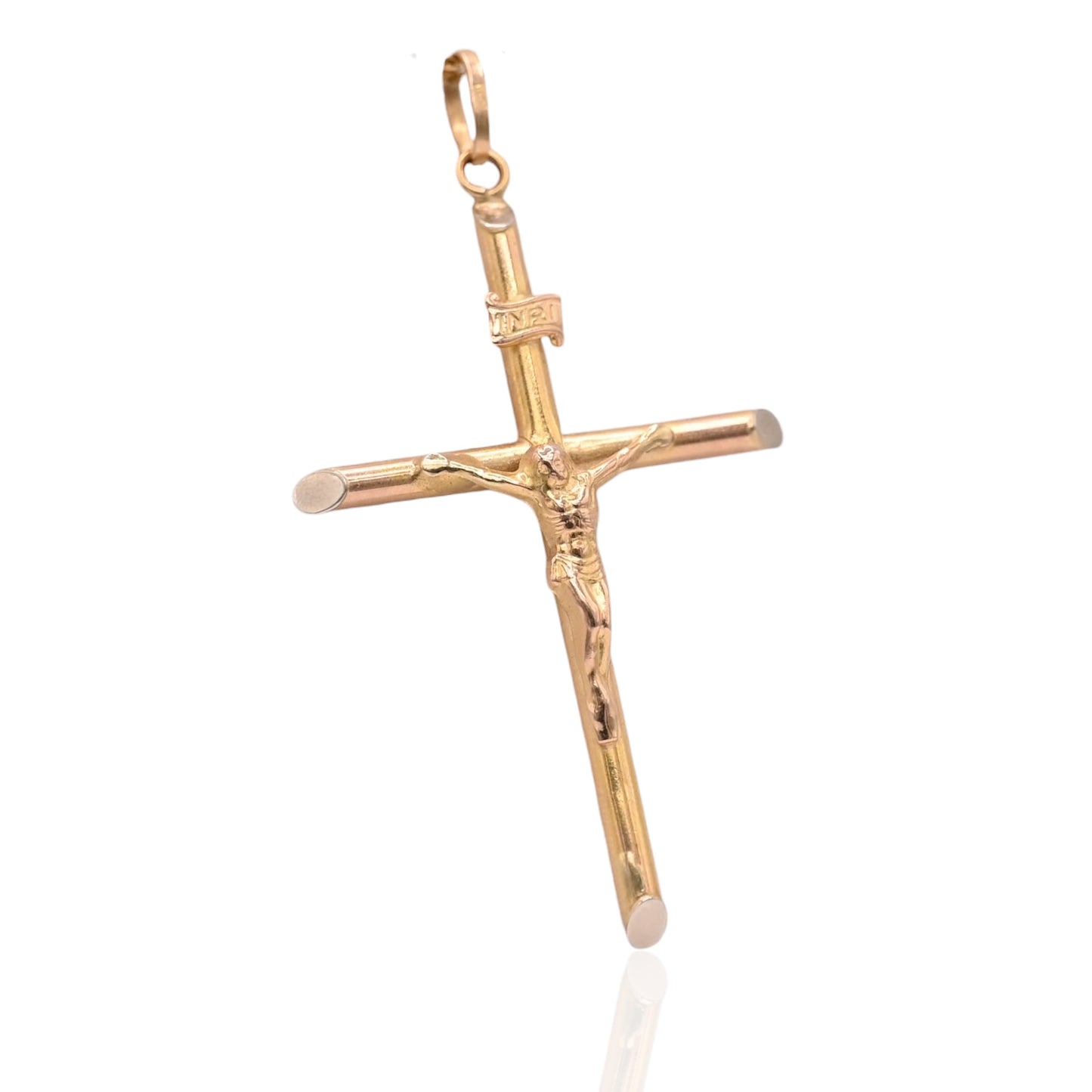 Large Tube Crucifix Pendant 14K Yellow Gold