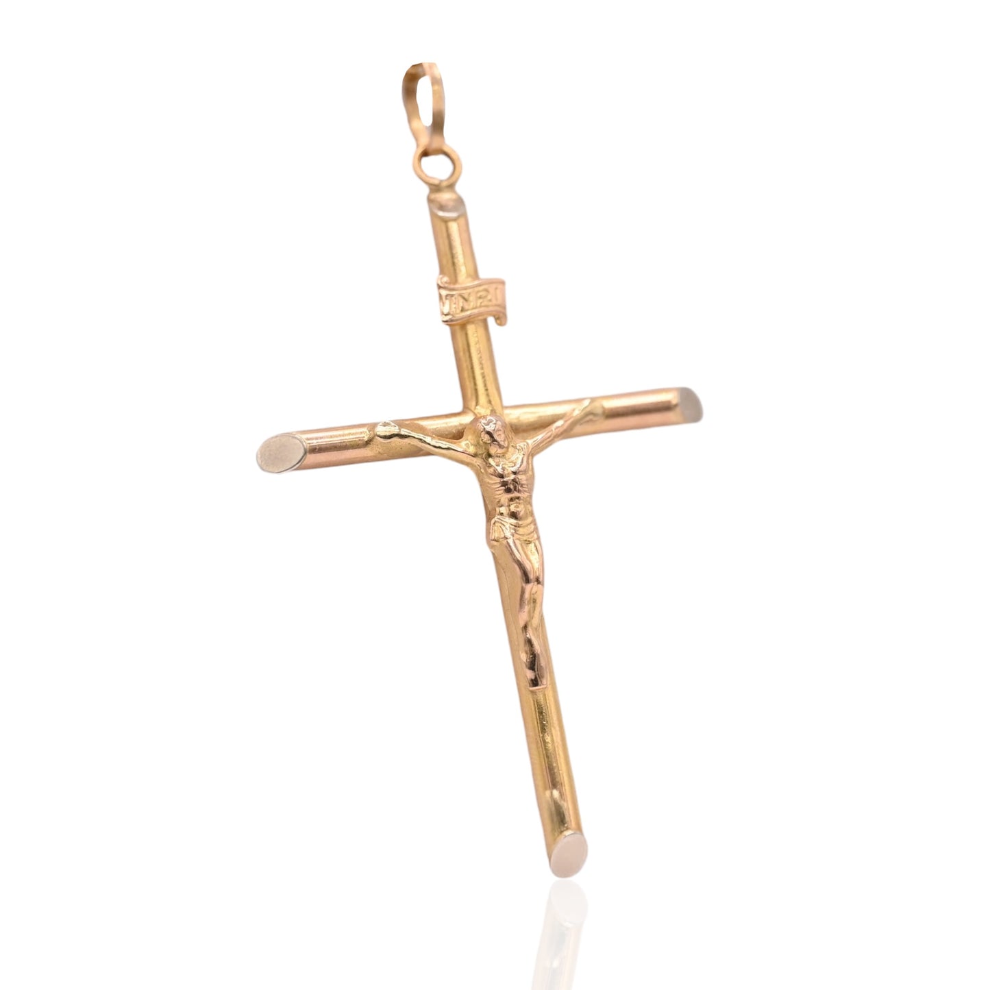 Large Tube Crucifix Pendant 14K Yellow Gold