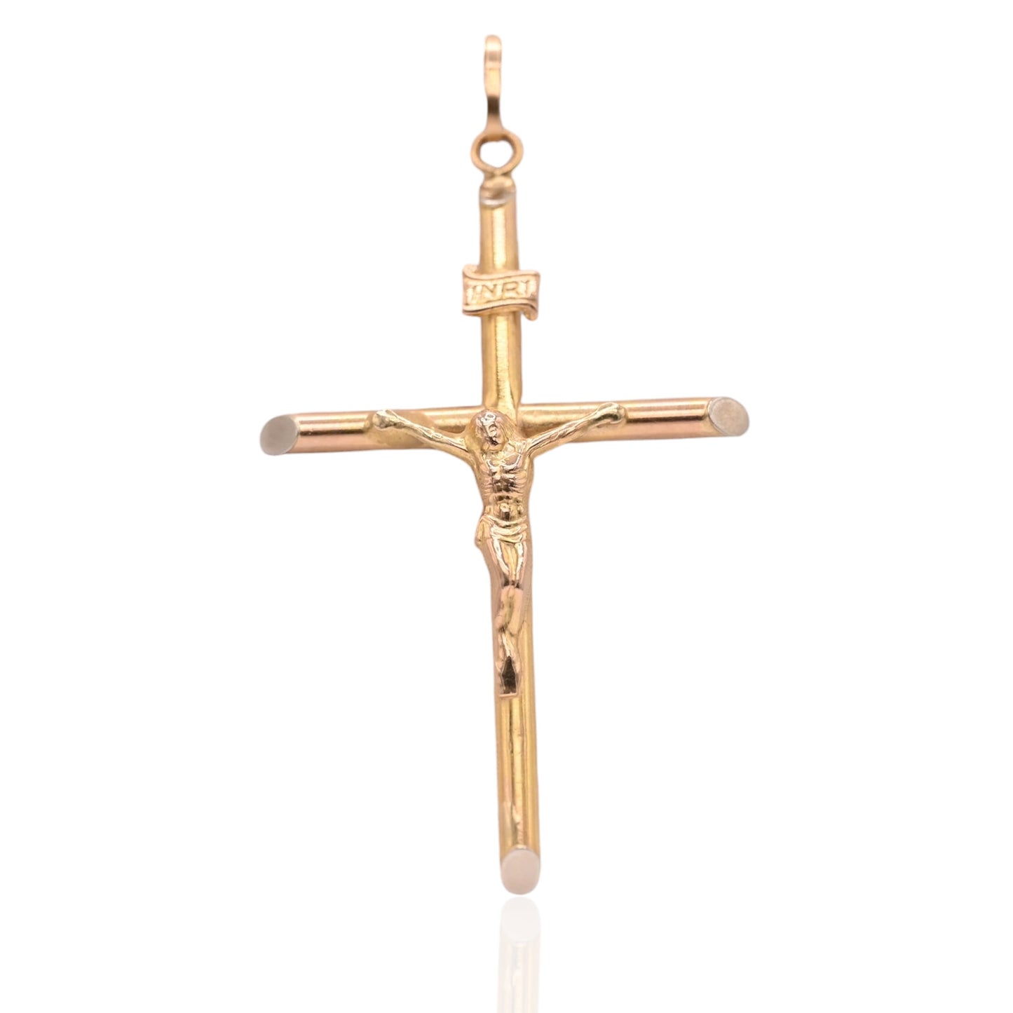 Large Tube Crucifix Pendant 14K Yellow Gold