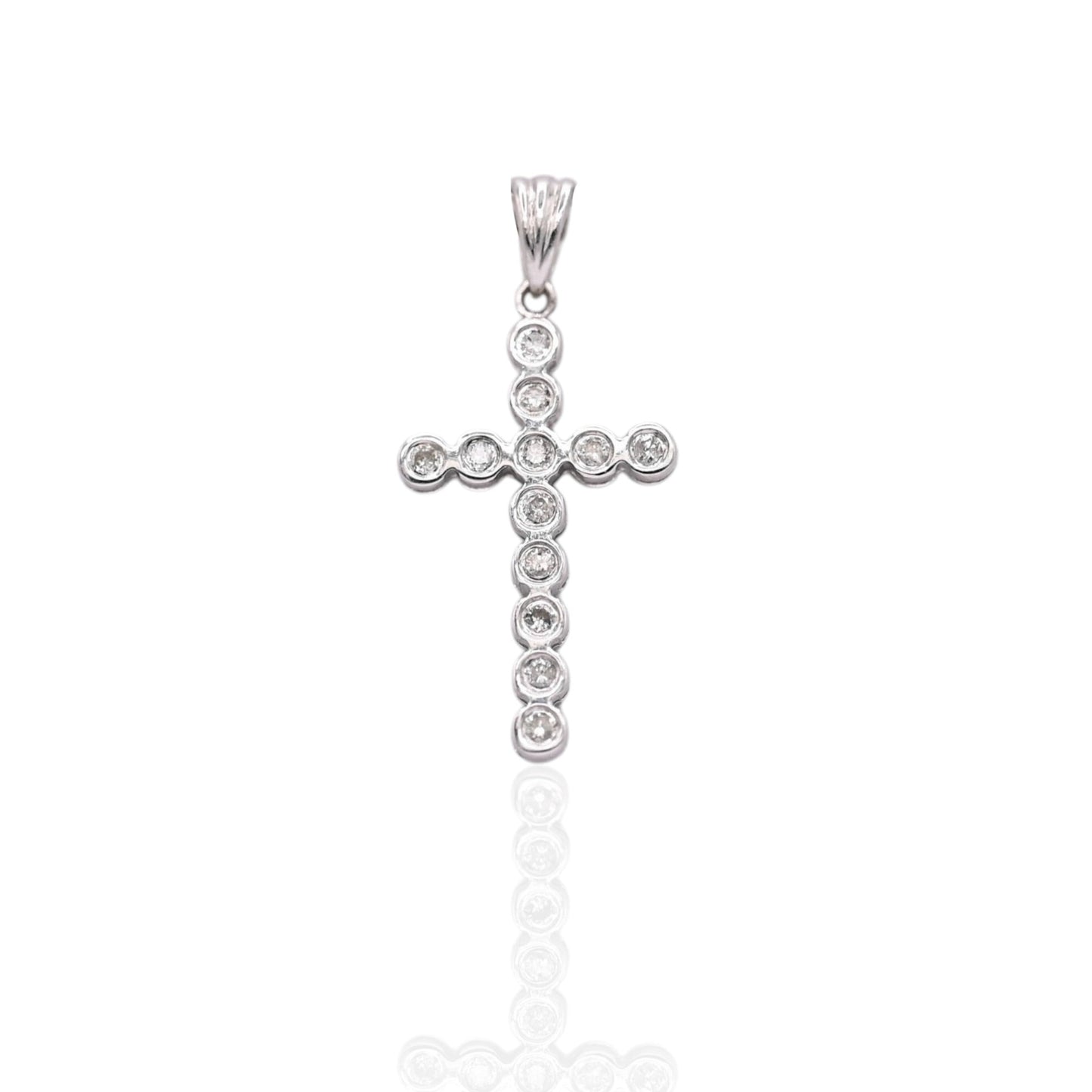 Round Bezel Cross with Diamonds Pendant 14K White Gold 0.09cttw