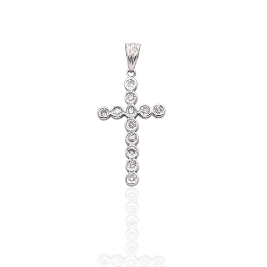 Round Bezel Cross with Diamonds Pendant 14K White Gold 0.09cttw