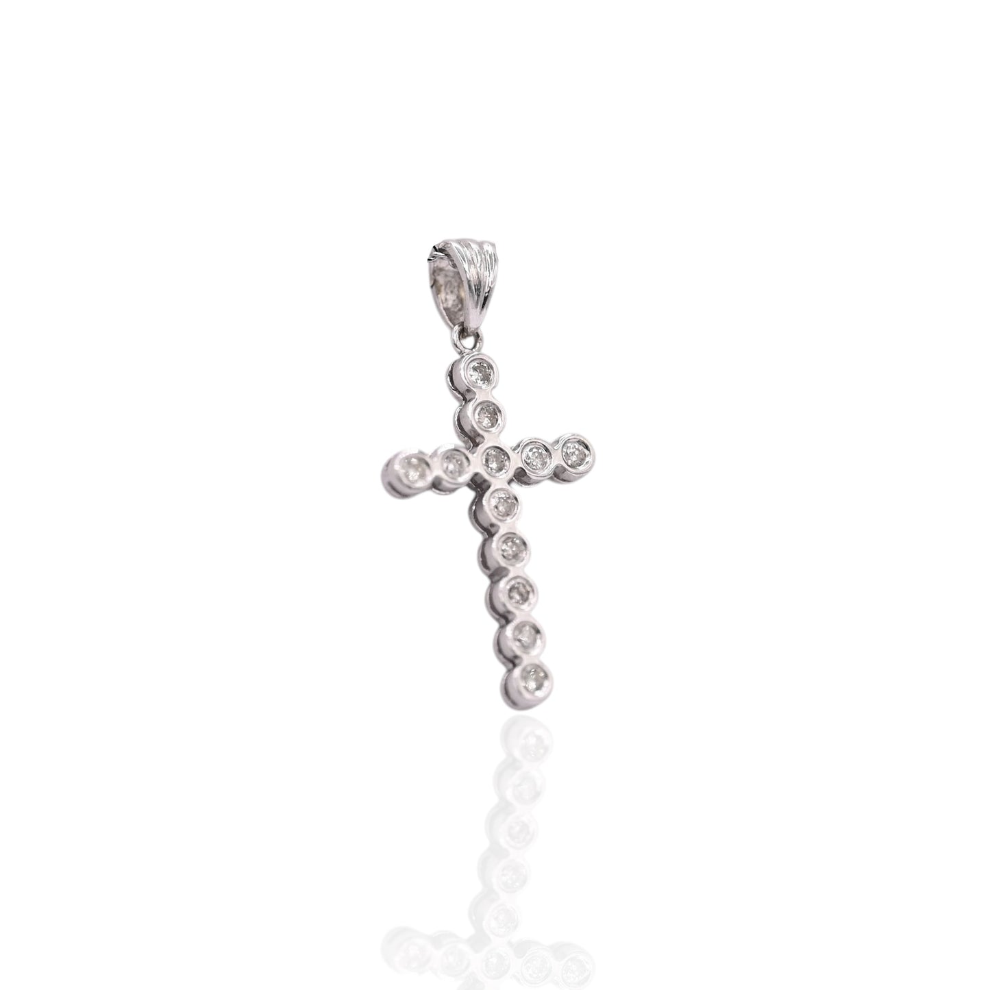 Round Bezel Cross with Diamonds Pendant 14K White Gold 0.09cttw