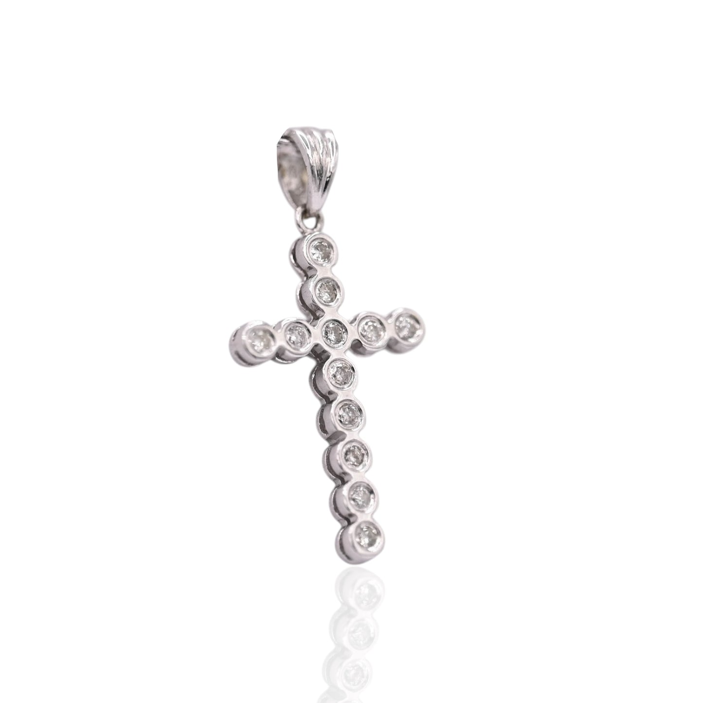 Round Bezel Cross with Diamonds Pendant 14K White Gold 0.09cttw