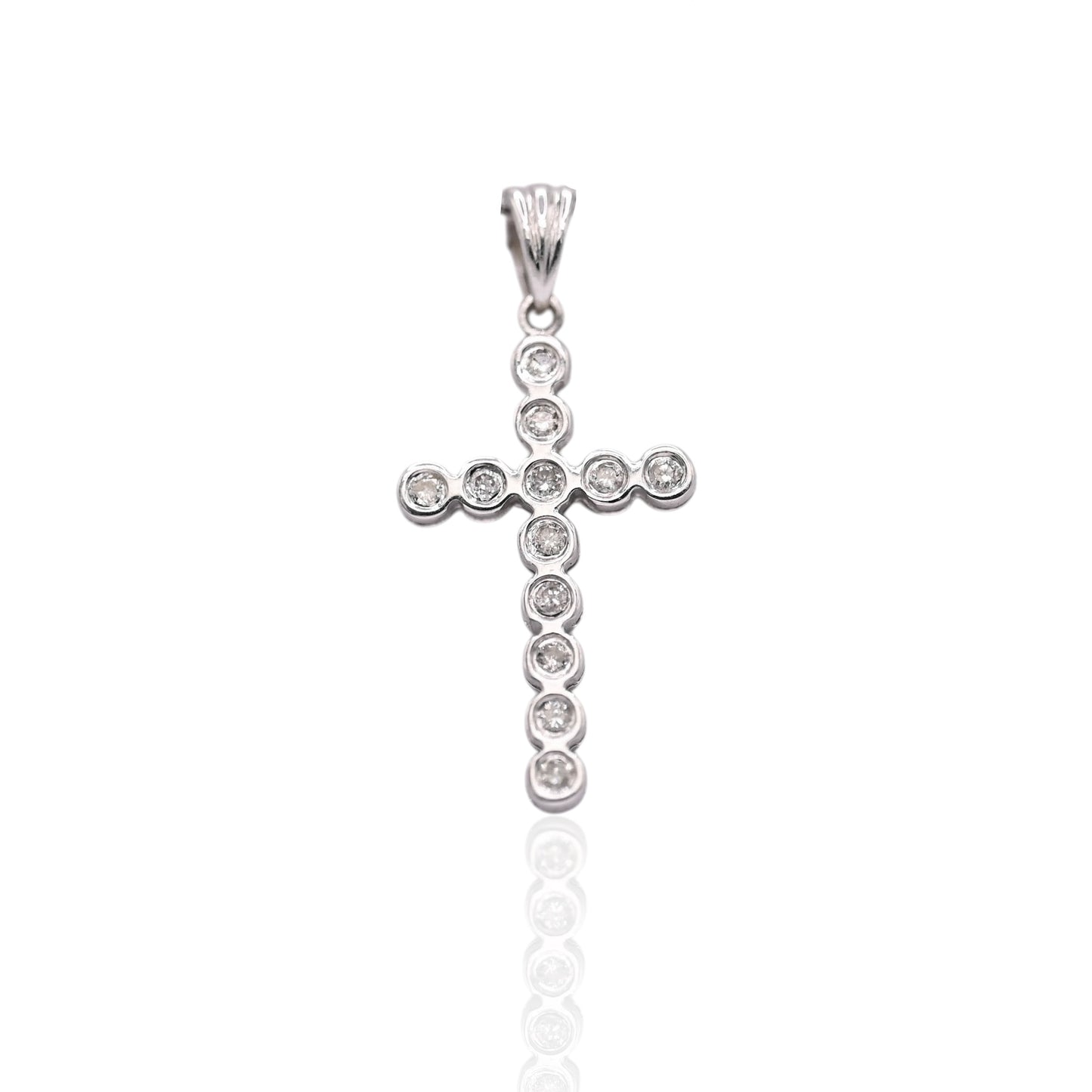 Round Bezel Cross with Diamonds Pendant 14K White Gold 0.09cttw