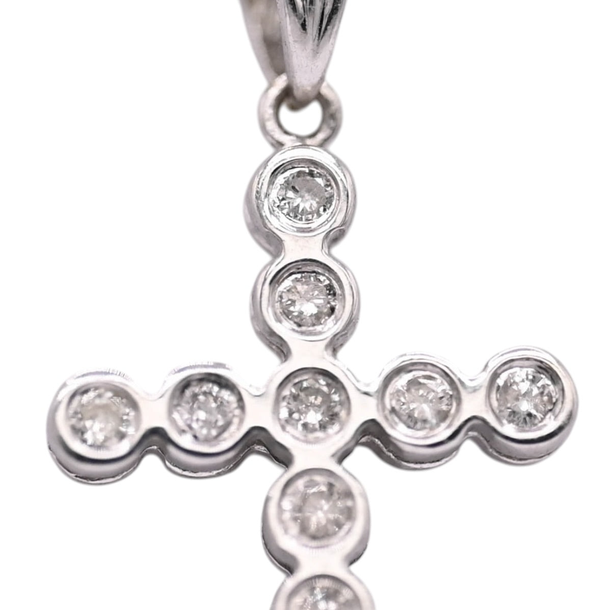 Round Bezel Cross with Diamonds Pendant 14K White Gold 0.09cttw