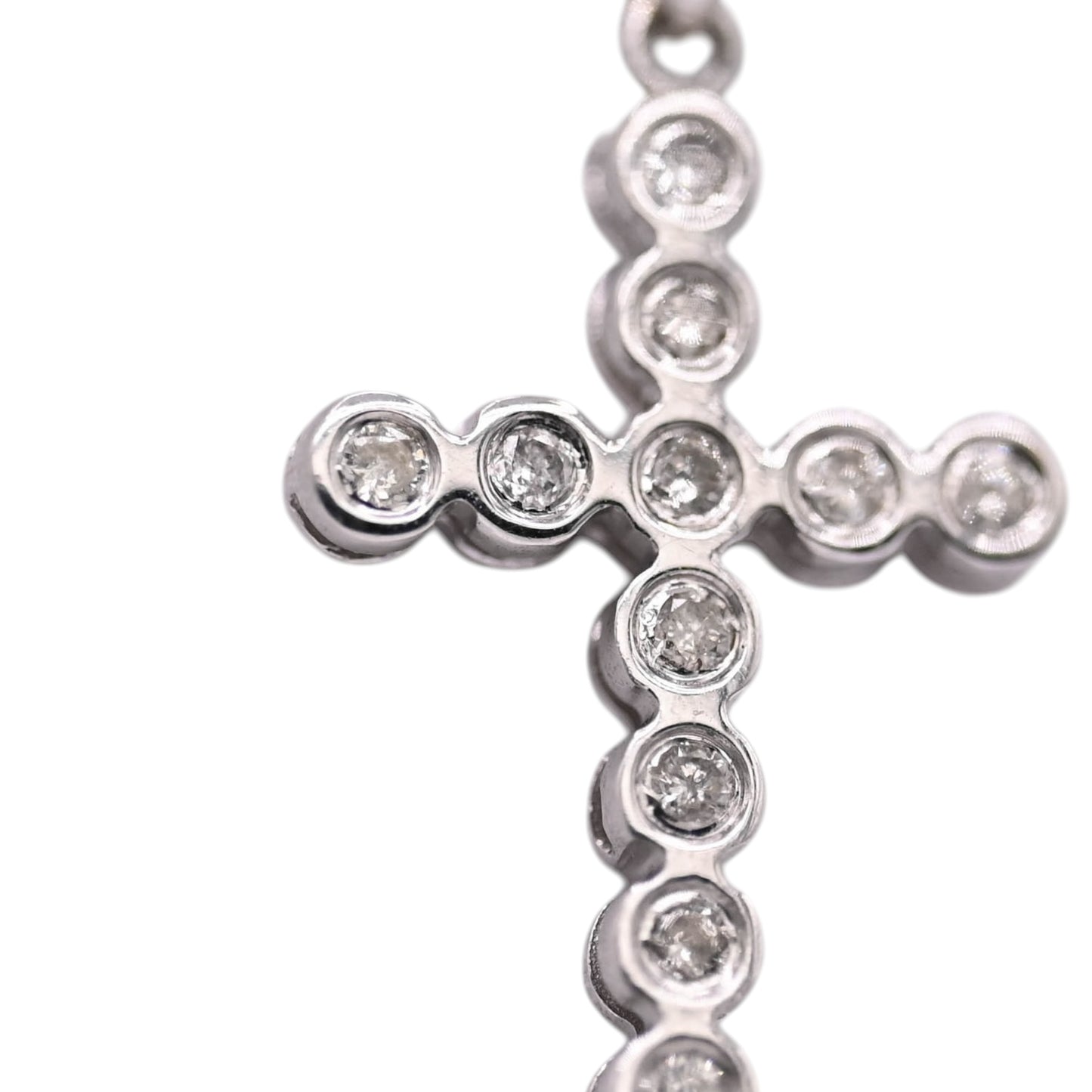 Round Bezel Cross with Diamonds Pendant 14K White Gold 0.09cttw