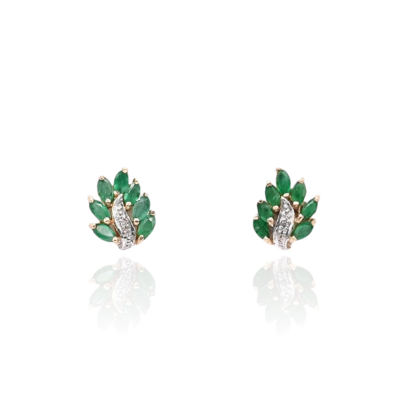Marquise Emerald Leaf Earrings and Accent Diamond 10K Yellow Gold with Butterfly Backs