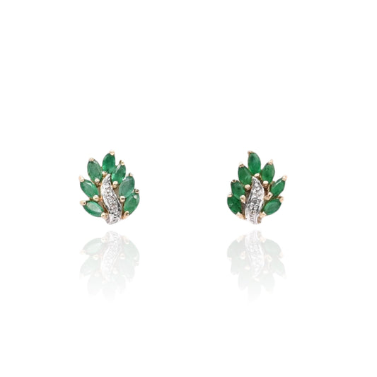 Marquise Emerald Leaf Earrings and Accent Diamond 10K Yellow Gold with Butterfly Backs