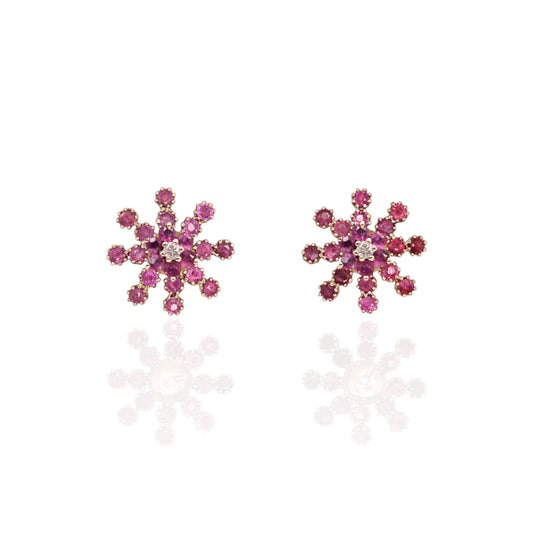 Ruby Flower Earrings with Accent Diamond and Ruby Jacket 14K Yellow Gold with Butterfly Backs