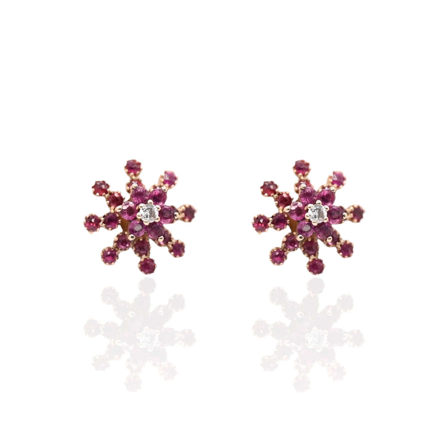 Ruby Flower Earrings with Accent Diamond and Ruby Jacket 14K Yellow Gold with Butterfly Backs