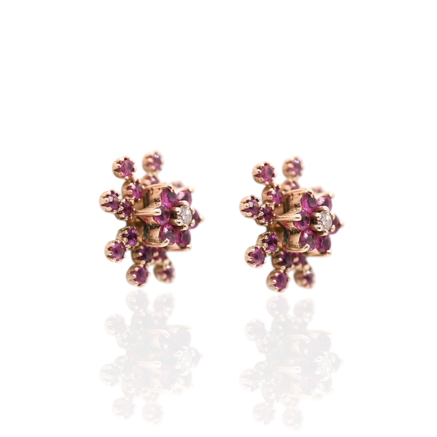Ruby Flower Earrings with Accent Diamond and Ruby Jacket 14K Yellow Gold with Butterfly Backs