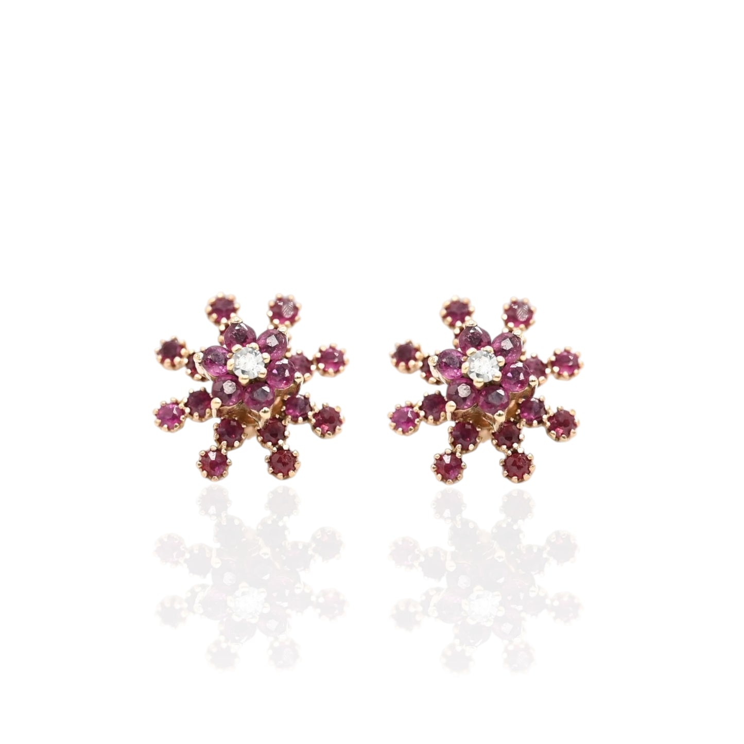 Ruby Flower Earrings with Accent Diamond and Ruby Jacket 14K Yellow Gold with Butterfly Backs