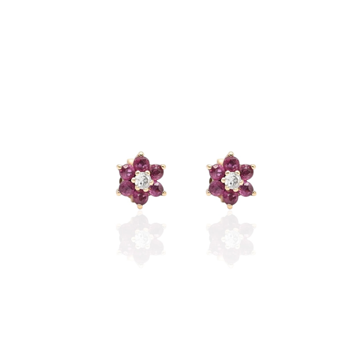 Ruby Flower Earrings with Accent Diamond and Ruby Jacket 14K Yellow Gold with Butterfly Backs