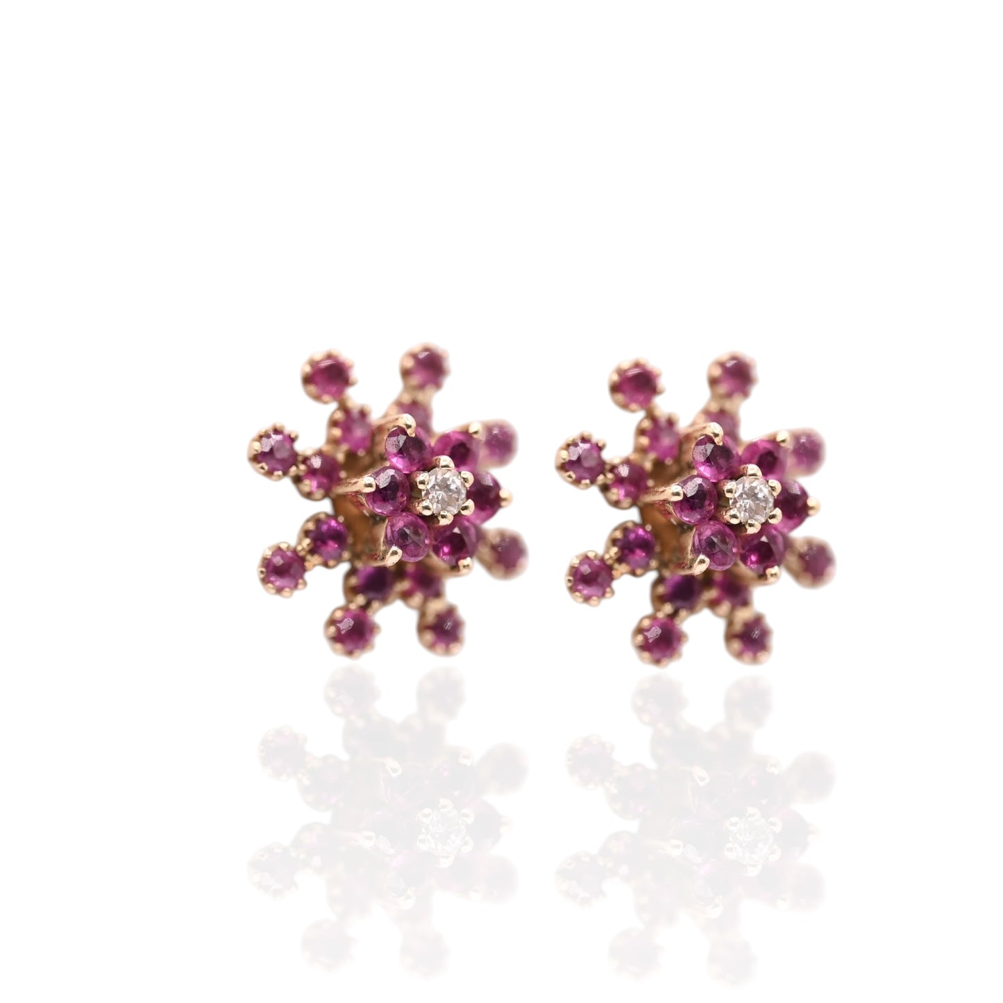 Ruby Flower Earrings with Accent Diamond and Ruby Jacket 14K Yellow Gold with Butterfly Backs