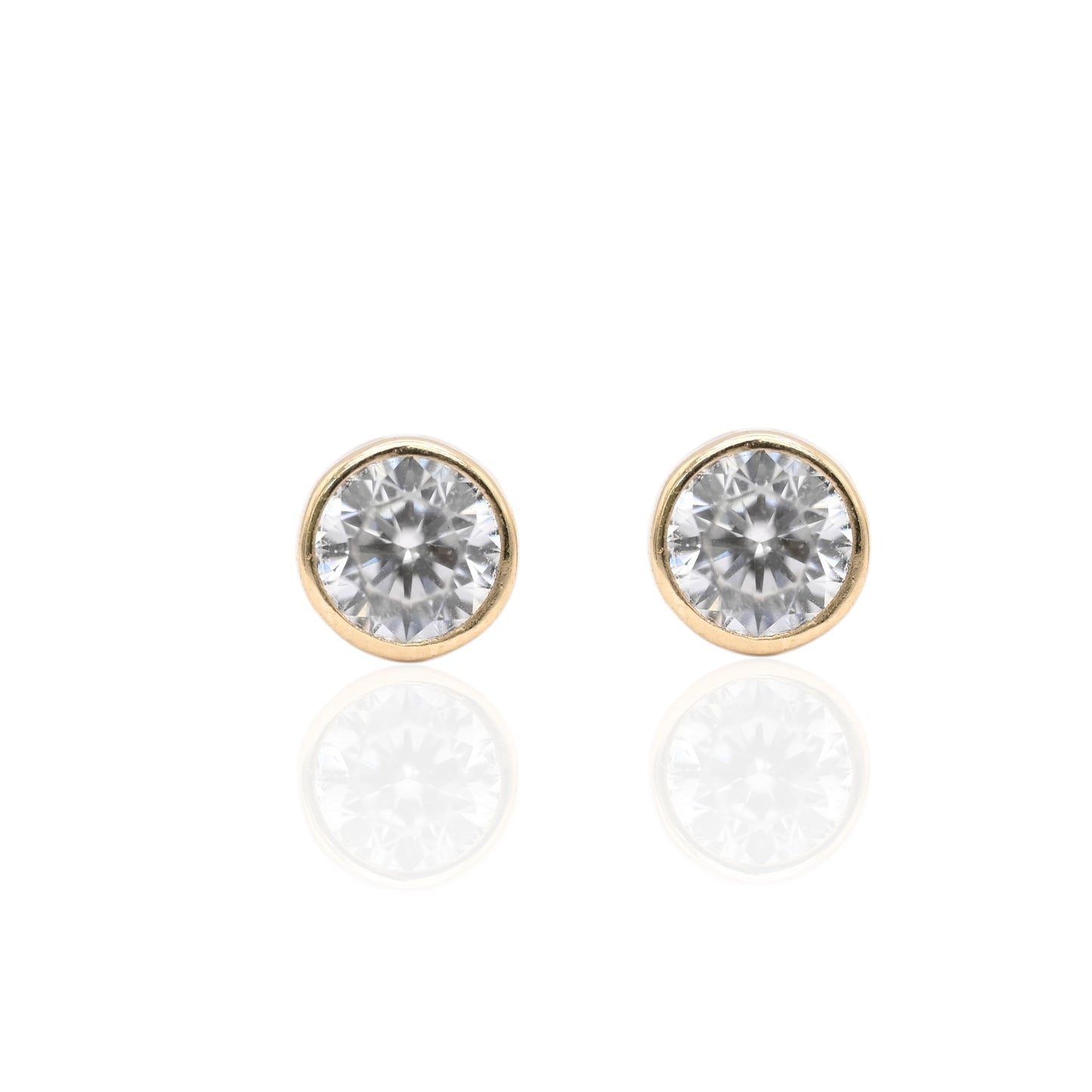 Round Cubic Zirconia Bezel Stud Earrings with Butterfly Backs 14K Yellow Gold 4.81mm