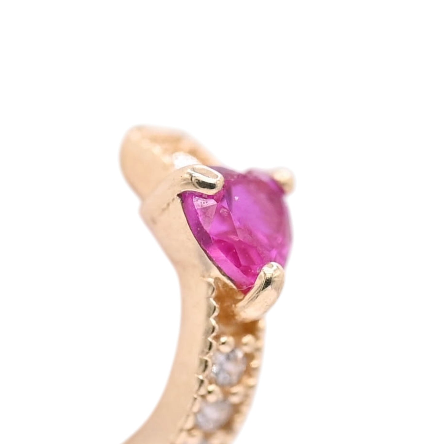 Pink Heart Cubic Zirconia Hoop Huggie Earrings with Accent Cubic Zirconias 14K Yellow Gold 1.90mm Thick/10.11mm Diameter
