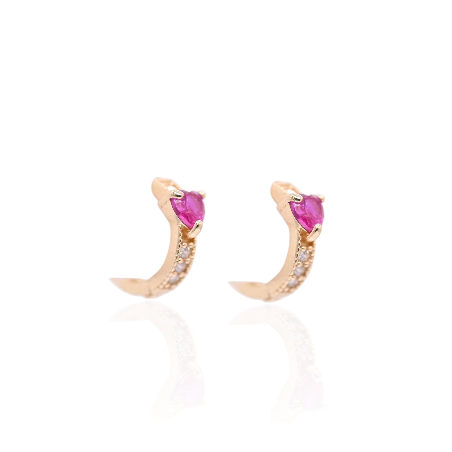 Pink Heart Cubic Zirconia Hoop Huggie Earrings with Accent Cubic Zirconias 14K Yellow Gold 1.90mm Thick/10.11mm Diameter