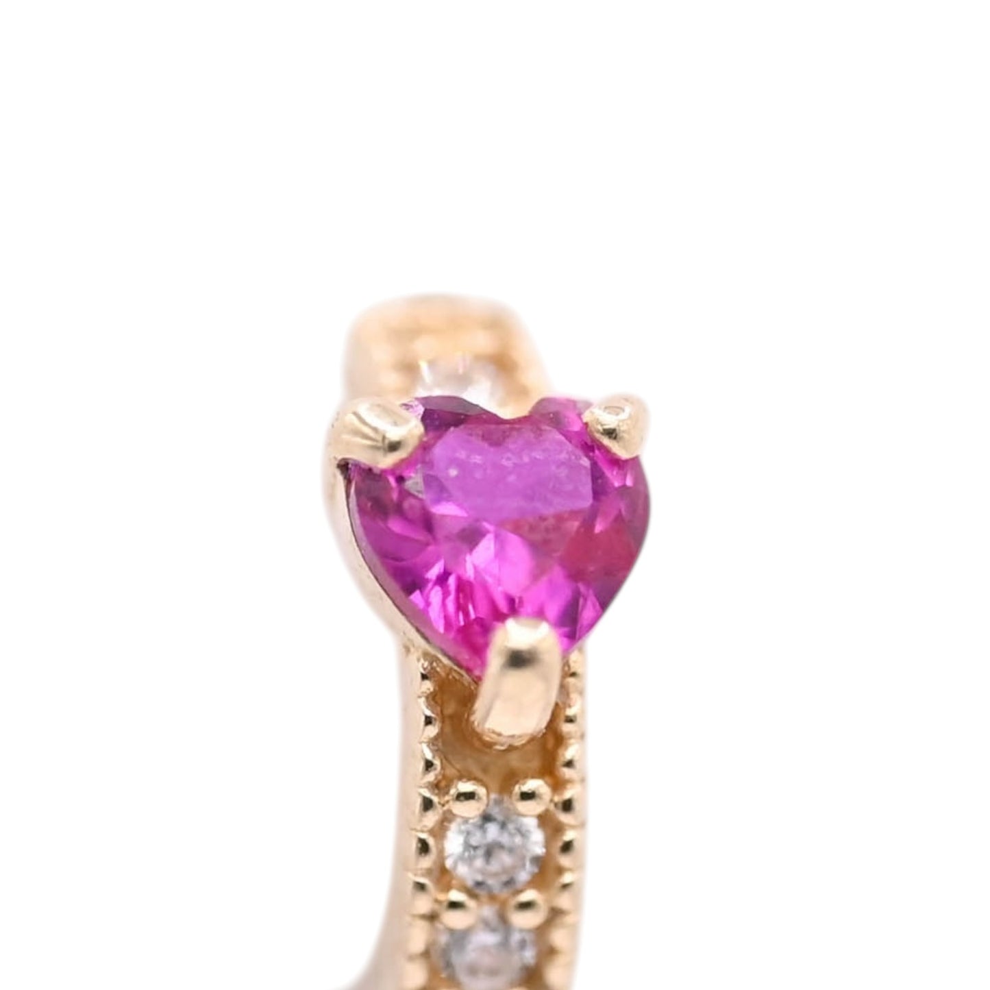 Pink Heart Cubic Zirconia Hoop Huggie Earrings with Accent Cubic Zirconias 14K Yellow Gold 1.90mm Thick/10.11mm Diameter