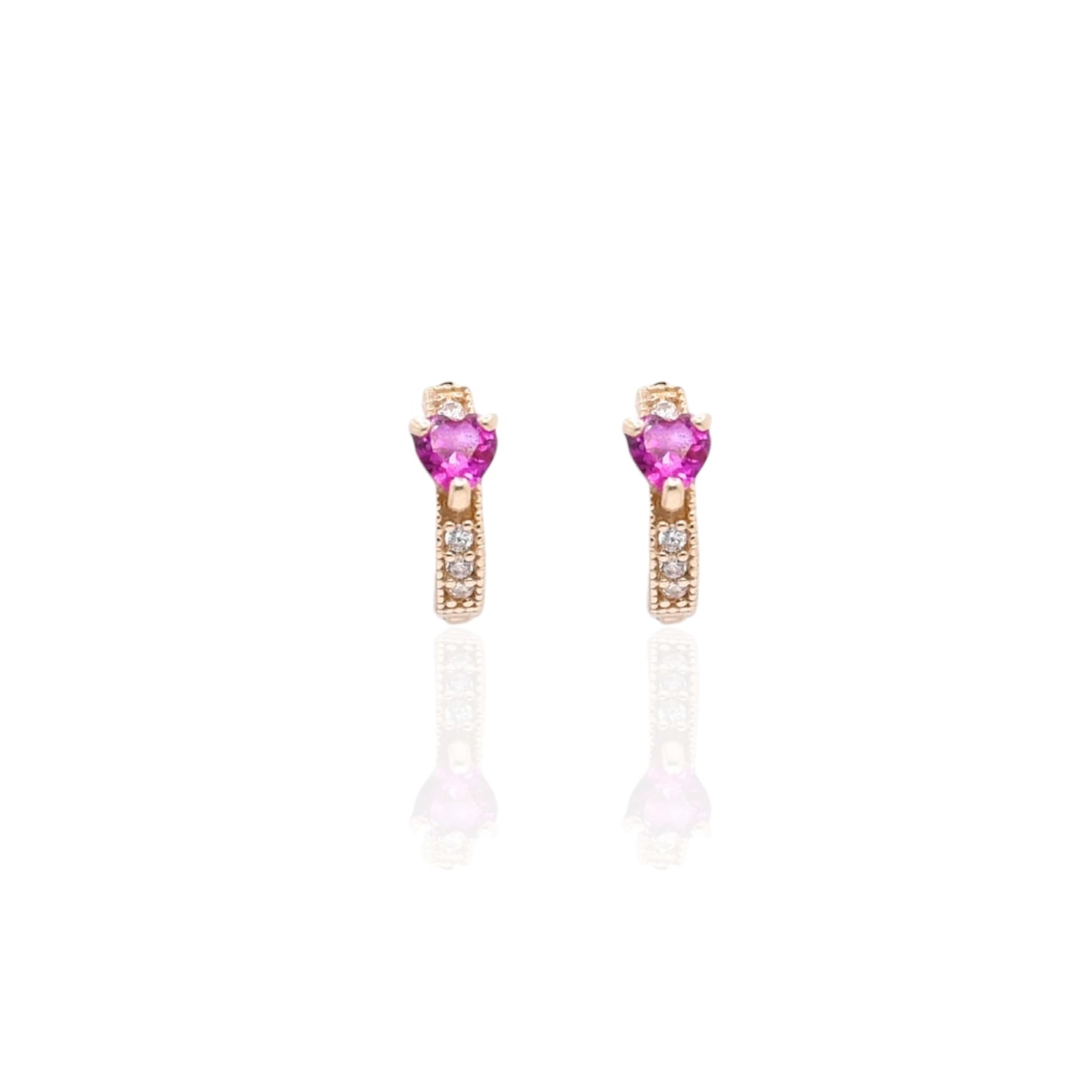 Pink Heart Cubic Zirconia Hoop Huggie Earrings with Accent Cubic Zirconias 14K Yellow Gold 1.90mm Thick/10.11mm Diameter