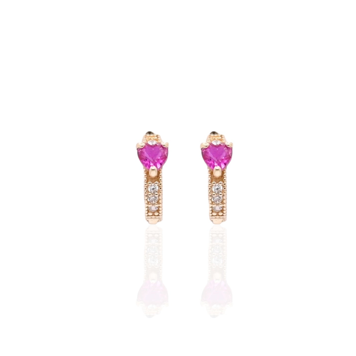 Pink Heart Cubic Zirconia Hoop Huggie Earrings with Accent Cubic Zirconias 14K Yellow Gold 1.90mm Thick/10.11mm Diameter