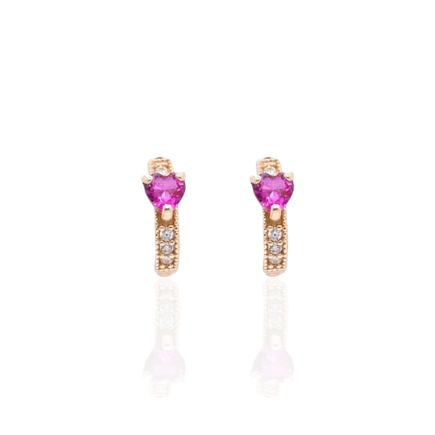 Pink Heart Cubic Zirconia Hoop Huggie Earrings with Accent Cubic Zirconias 14K Yellow Gold 1.90mm Thick/10.11mm Diameter