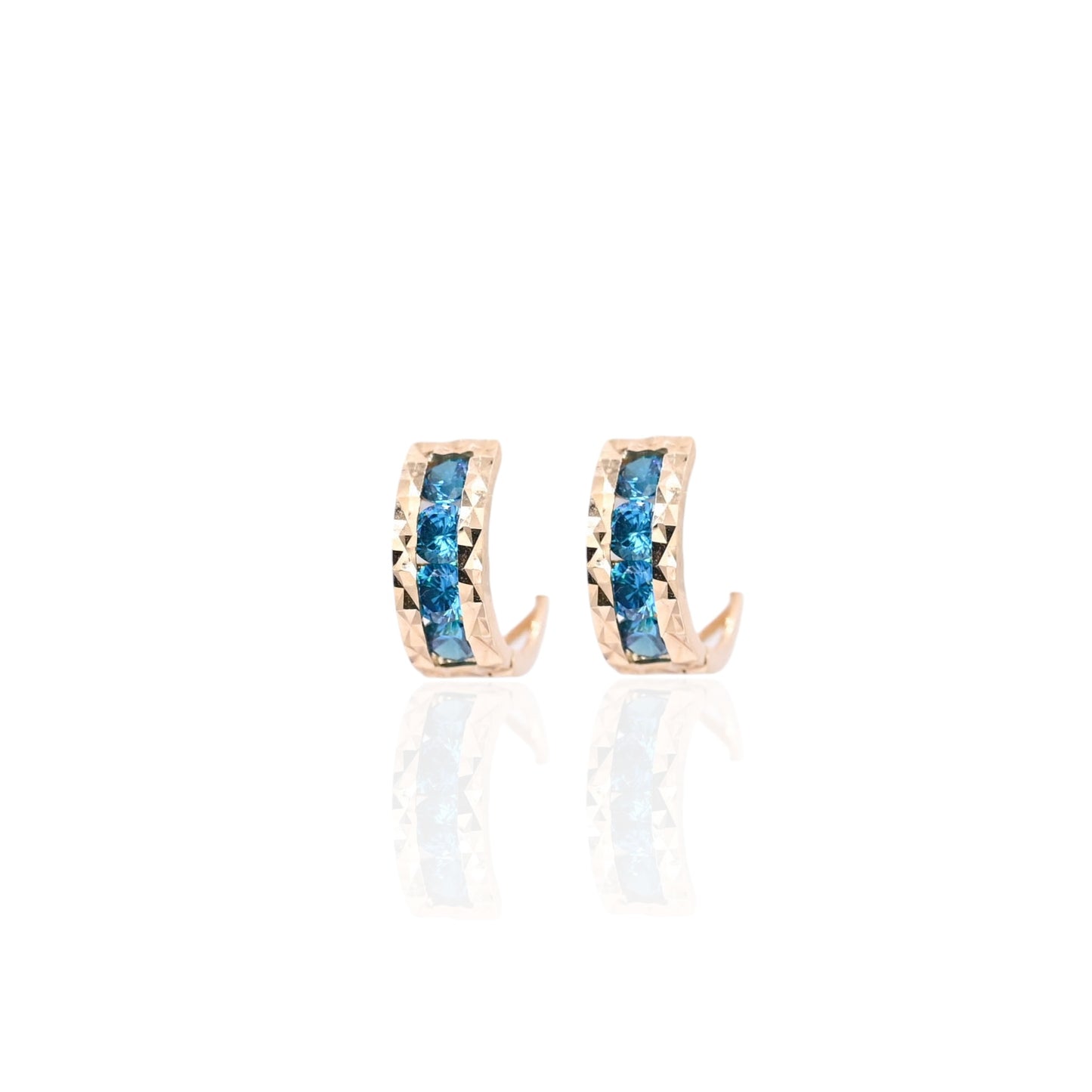 Teal Cubic Zirconia Diamond Cut Huggie Earrings 14K Yellow Gold 4.50mm Thick/12.00mm Diameter