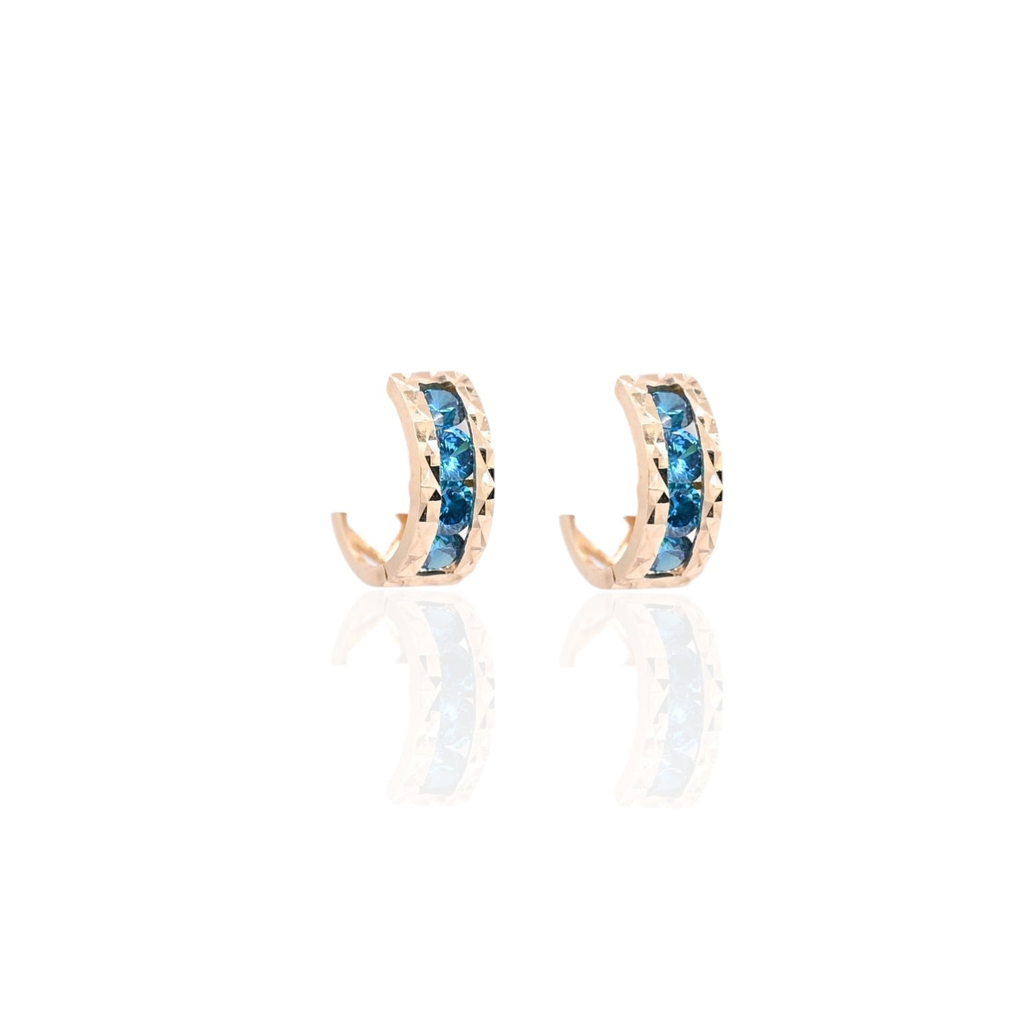 Teal Cubic Zirconia Diamond Cut Huggie Earrings 14K Yellow Gold 4.50mm Thick/12.00mm Diameter