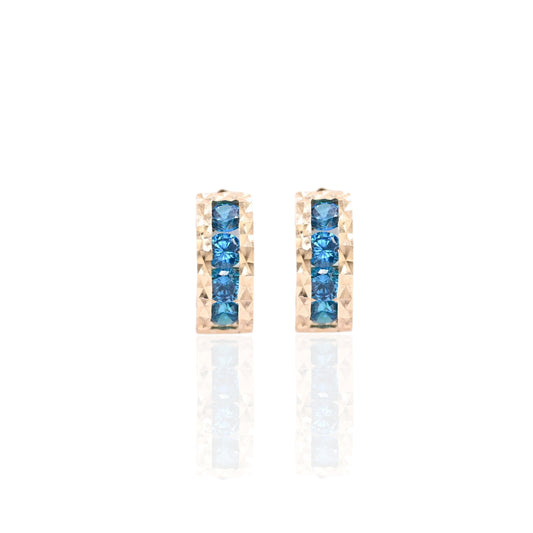 Teal Cubic Zirconia Diamond Cut Huggie Earrings 14K Yellow Gold 4.50mm Thick/12.00mm Diameter