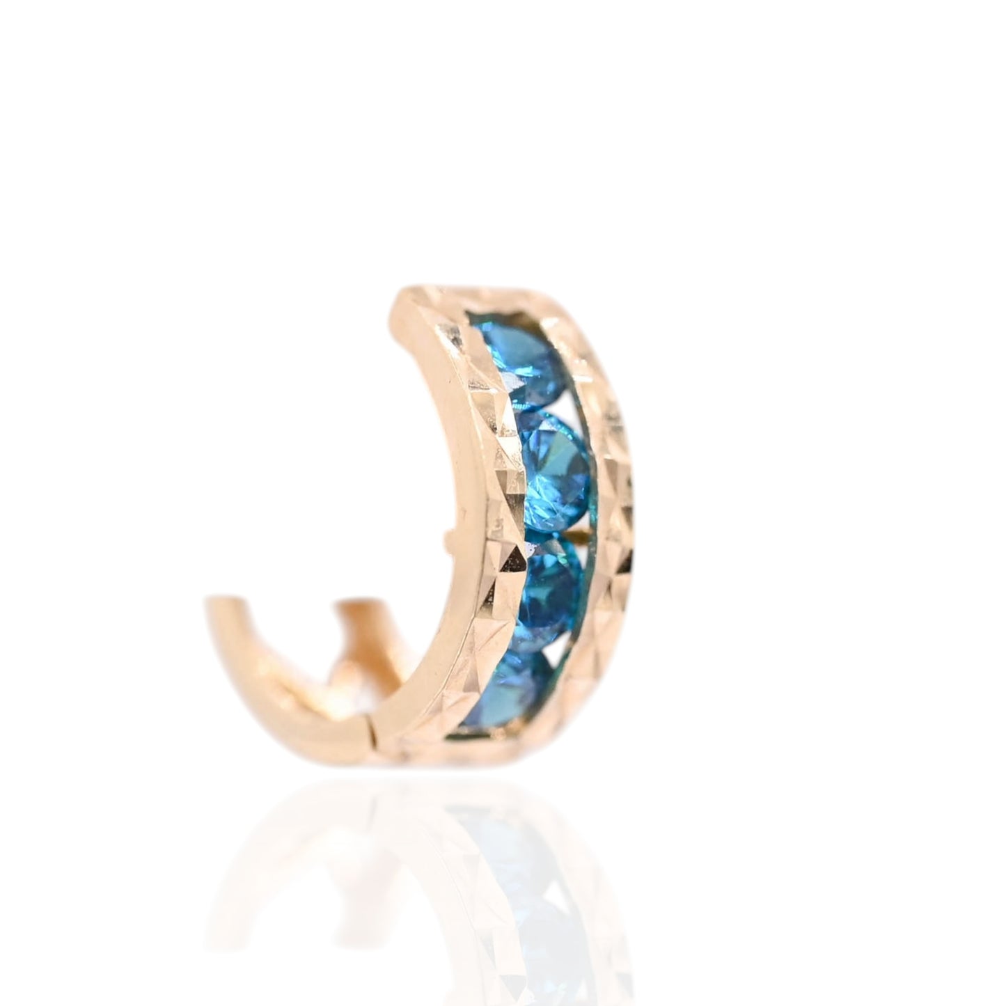 Teal Cubic Zirconia Diamond Cut Huggie Earrings 14K Yellow Gold 4.50mm Thick/12.00mm Diameter