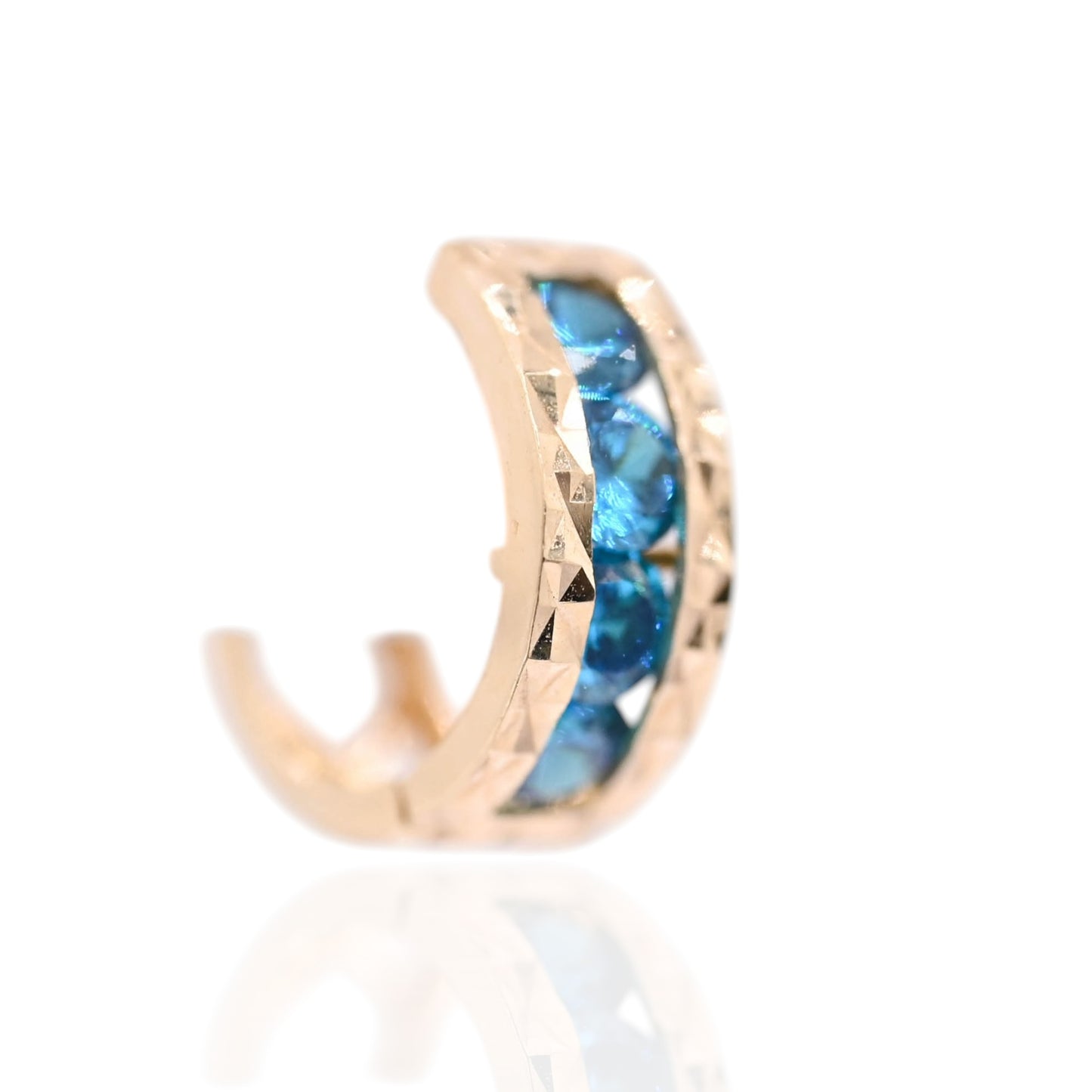Teal Cubic Zirconia Diamond Cut Huggie Earrings 14K Yellow Gold 4.50mm Thick/12.00mm Diameter