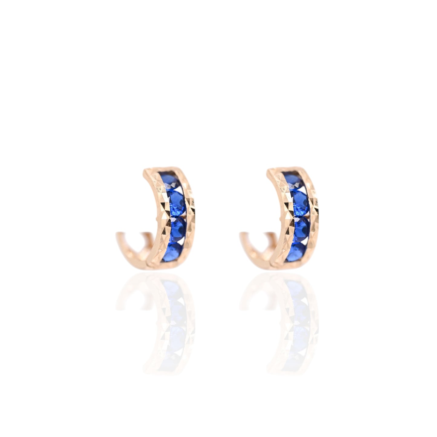 Blue Cubic Zirconia Diamond Cut Huggie Earrings 14K Yellow Gold 4.61mm Thick/12.00mm Diameter