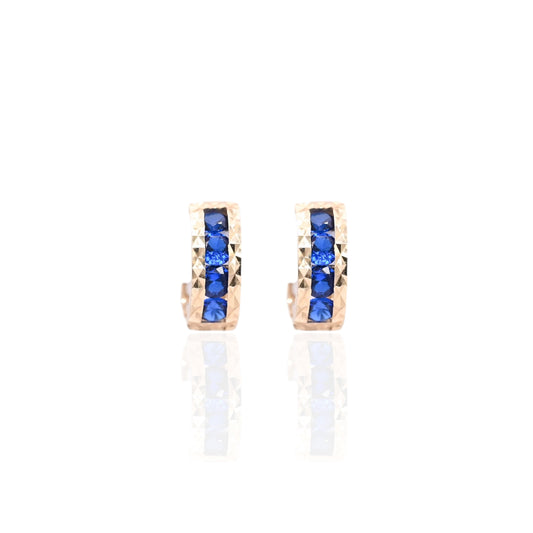 Blue Cubic Zirconia Diamond Cut Huggie Earrings 14K Yellow Gold 4.61mm Thick/12.00mm Diameter