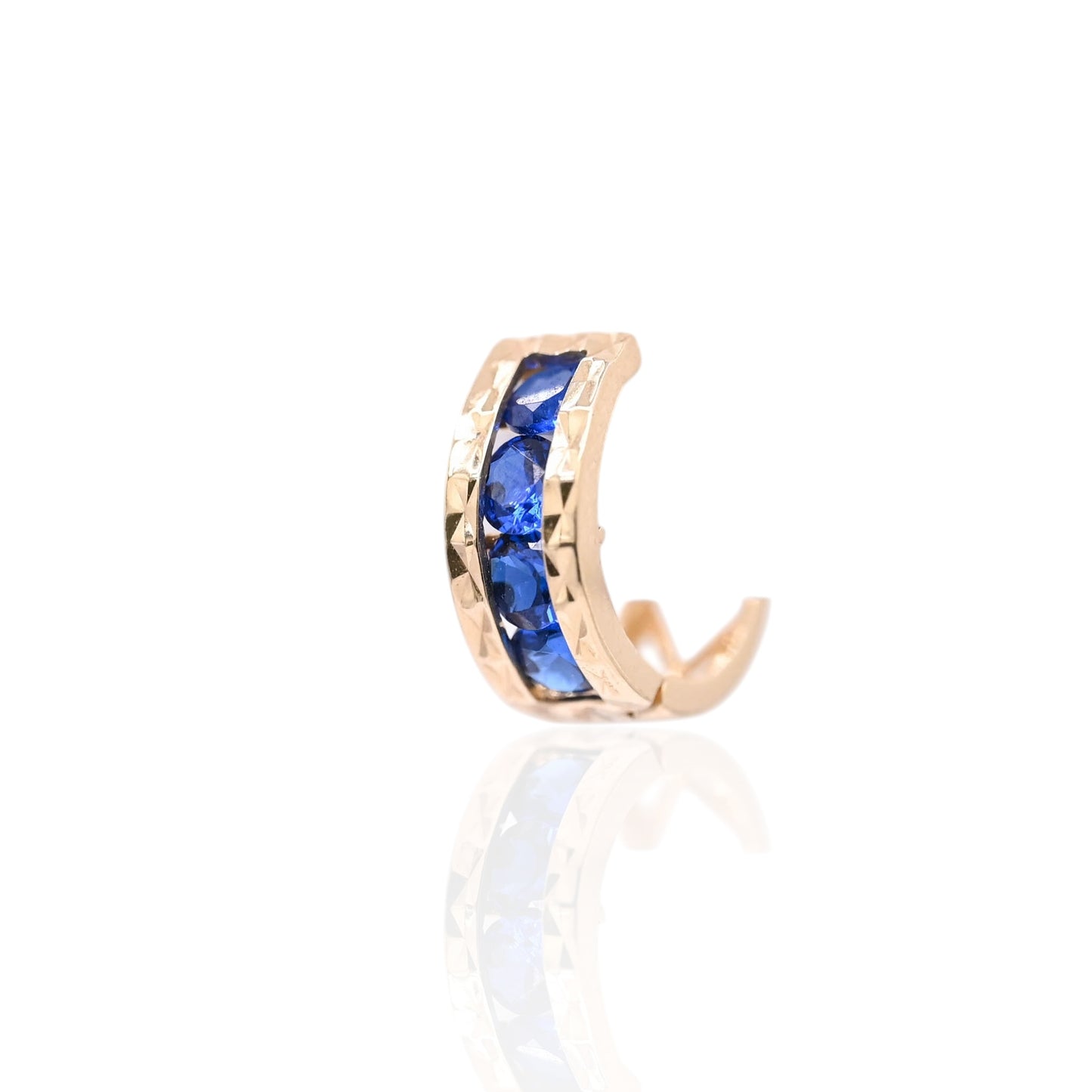 Blue Cubic Zirconia Diamond Cut Huggie Earrings 14K Yellow Gold 4.61mm Thick/12.00mm Diameter
