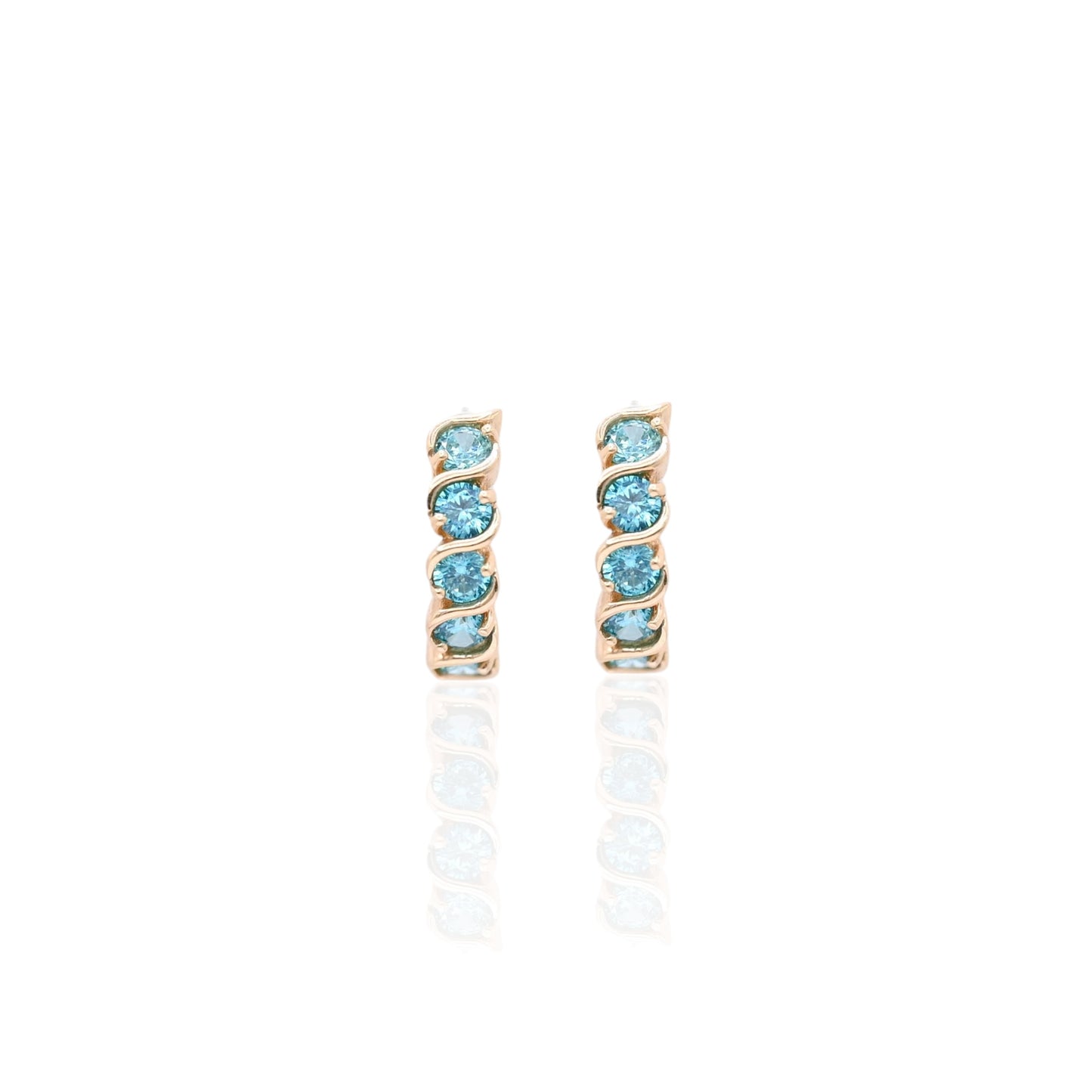 Teal Cubic Zirconia Twisted Huggie Earrings 14K Yellow Gold 3.75mm Thick/13.28mm Diameter