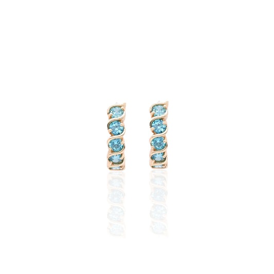 Teal Cubic Zirconia Twisted Huggie Earrings 14K Yellow Gold 3.75mm Thick/13.28mm Diameter