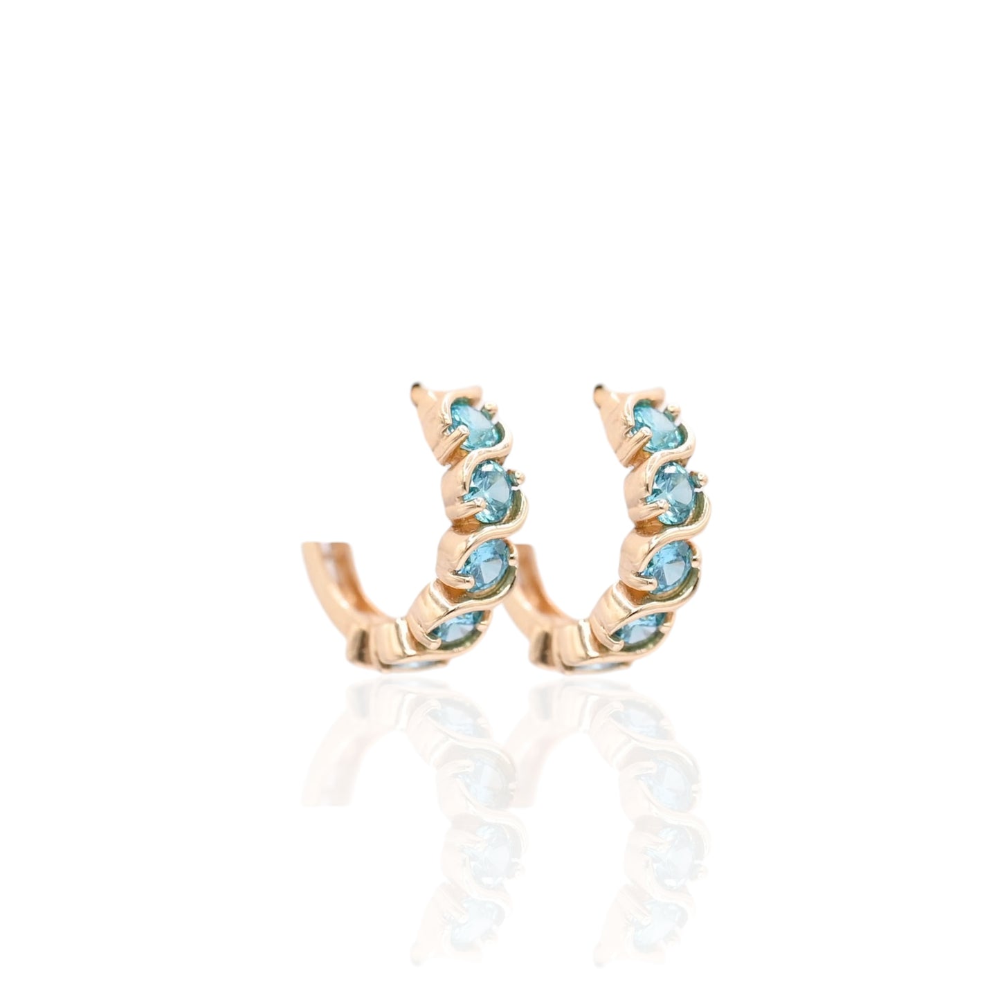 Teal Cubic Zirconia Twisted Huggie Earrings 14K Yellow Gold 3.75mm Thick/13.28mm Diameter