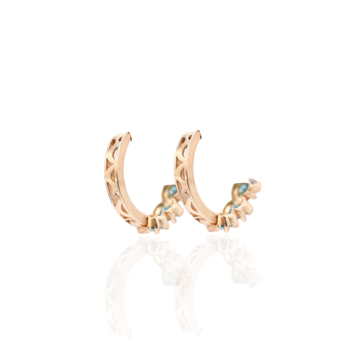 Teal Cubic Zirconia Twisted Huggie Earrings 14K Yellow Gold 3.75mm Thick/13.28mm Diameter