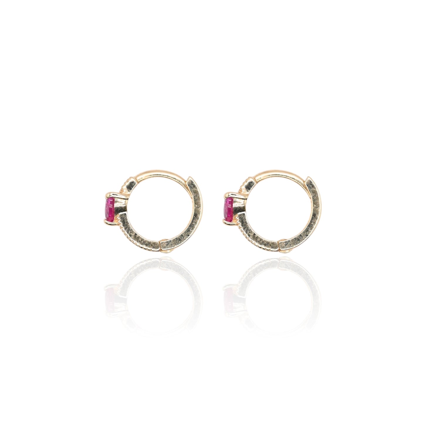 Pink Heart Cubic Zirconia Hoop Huggie Earrings with Accent Cubic Zirconias 14K Yellow Gold 1.90mm Thick/10.11mm Diameter