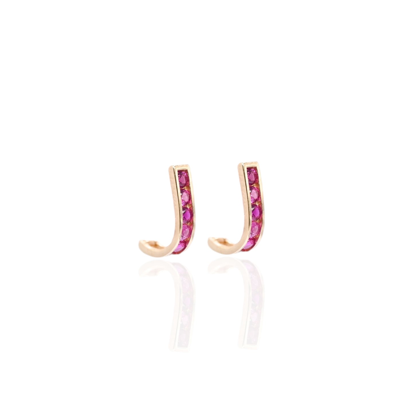 Ruby Channel Set U-Shaped Hoop Earrings 14K Yellow Gold 2.24mm Thick/7.78mm Diameter