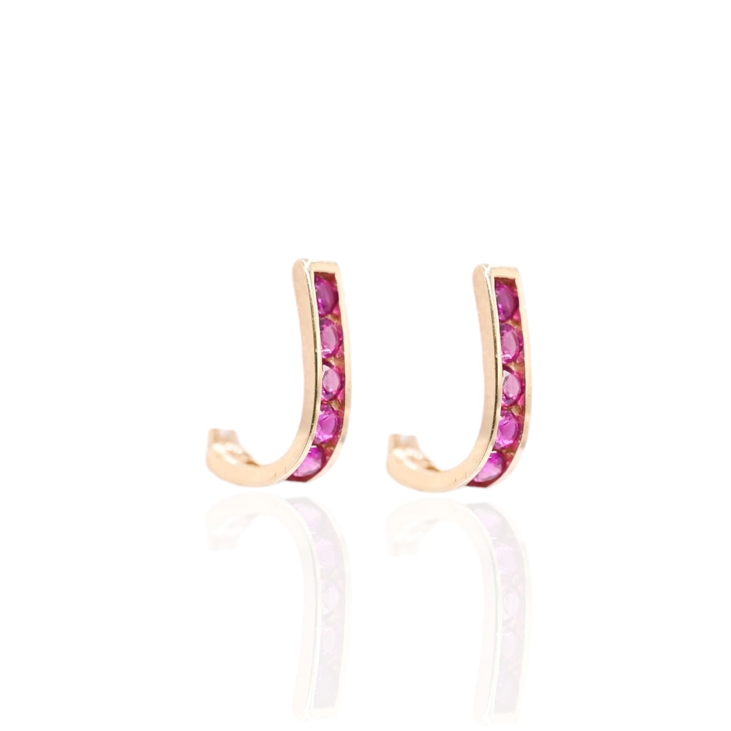 Ruby Channel Set U-Shaped Hoop Earrings 14K Yellow Gold 2.24mm Thick/7.78mm Diameter