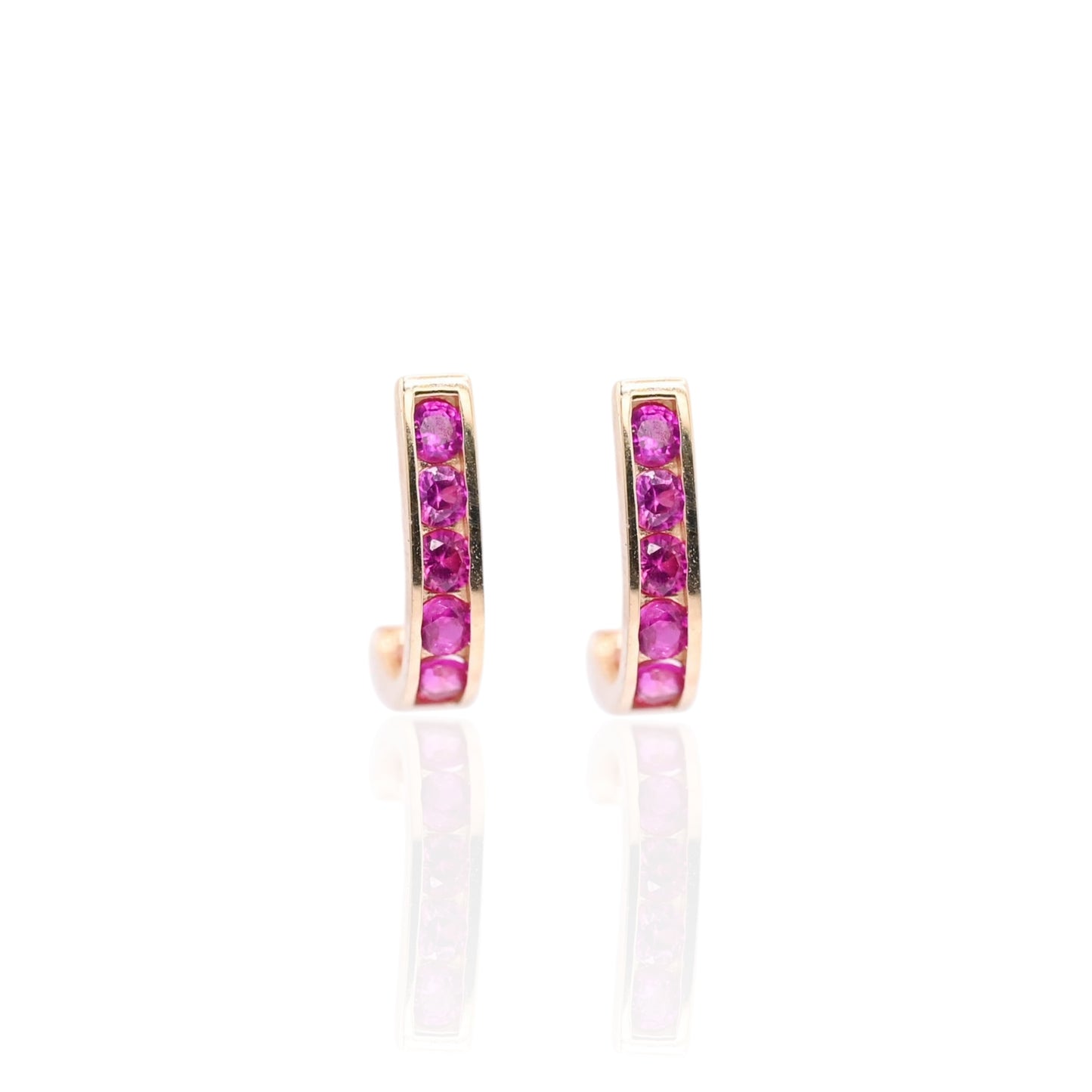 Ruby Channel Set U-Shaped Hoop Earrings 14K Yellow Gold 2.24mm Thick/7.78mm Diameter